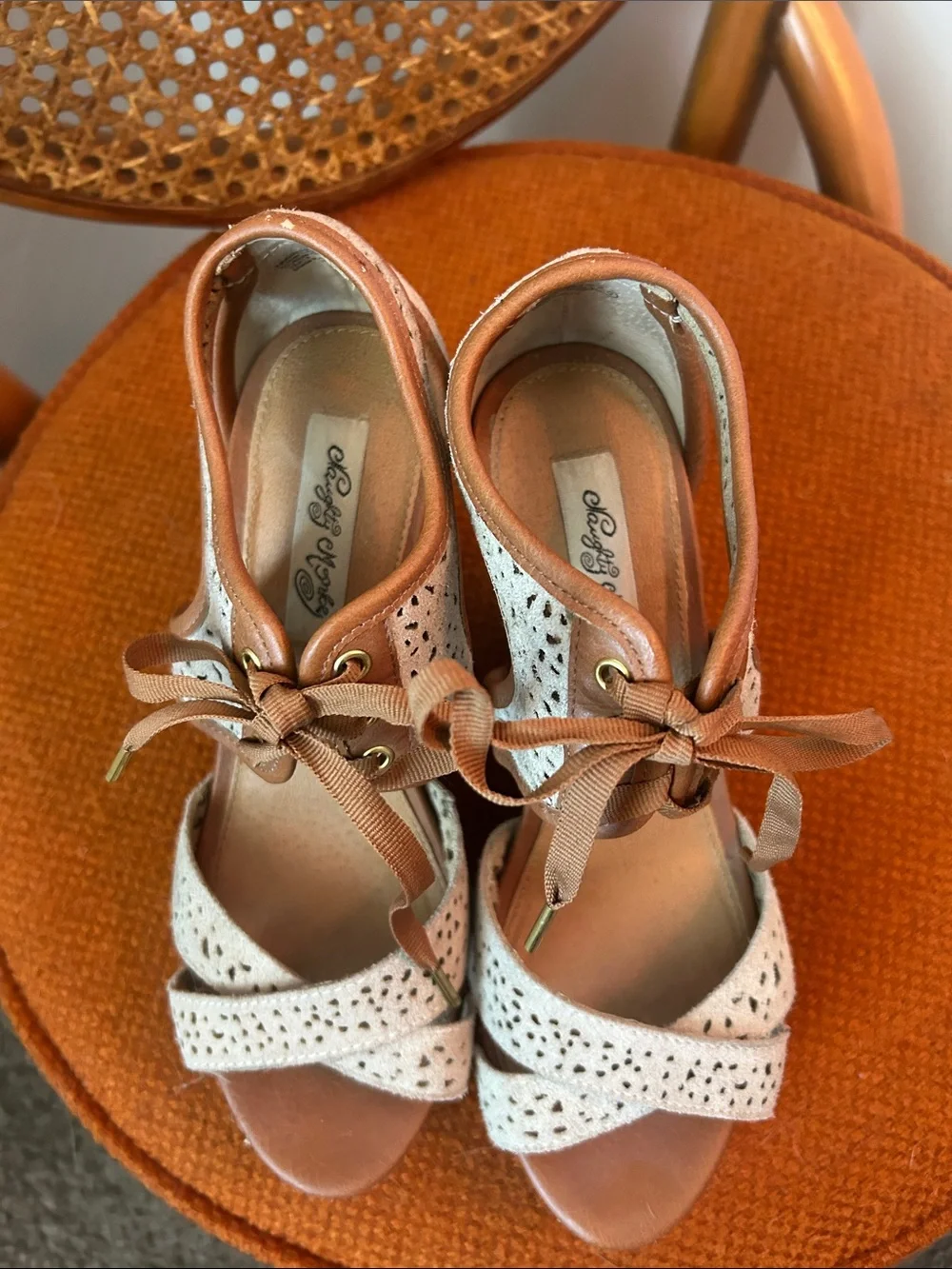 Naughty Monkey Wedge Espadrille  in Light Brown and Cream - Lace-Up Womens Heel